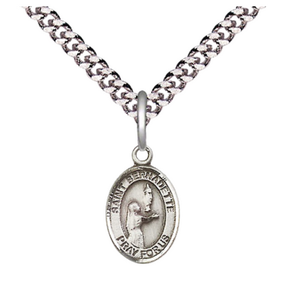 Small Sized Men's .925 Sterling Silver Saint St. Bernadette Medal Pendant on 24 Inch Endless Rhodium Plated Heavy Curb Brass Chain, Catholic Religious Necklace - Made in USA- Deluxe Velvet Gift Box