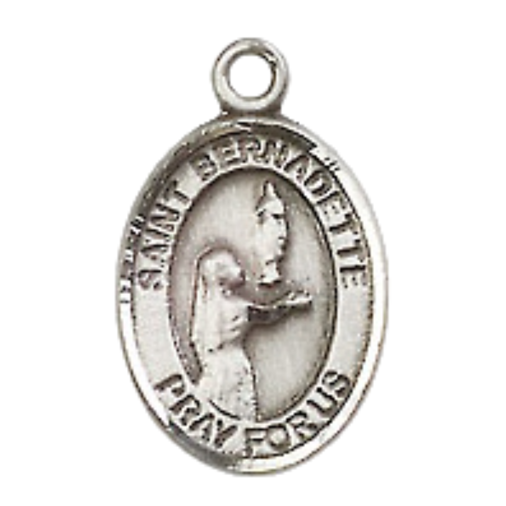 Small Sized Men's Pewter Saint St. Bernadette Medal Pendant on 24 Inch Endless Rhodium Plated Heavy Curb Brass Chain, Catholic Religious Necklace - Made in USA- Deluxe Velvet Gift Box