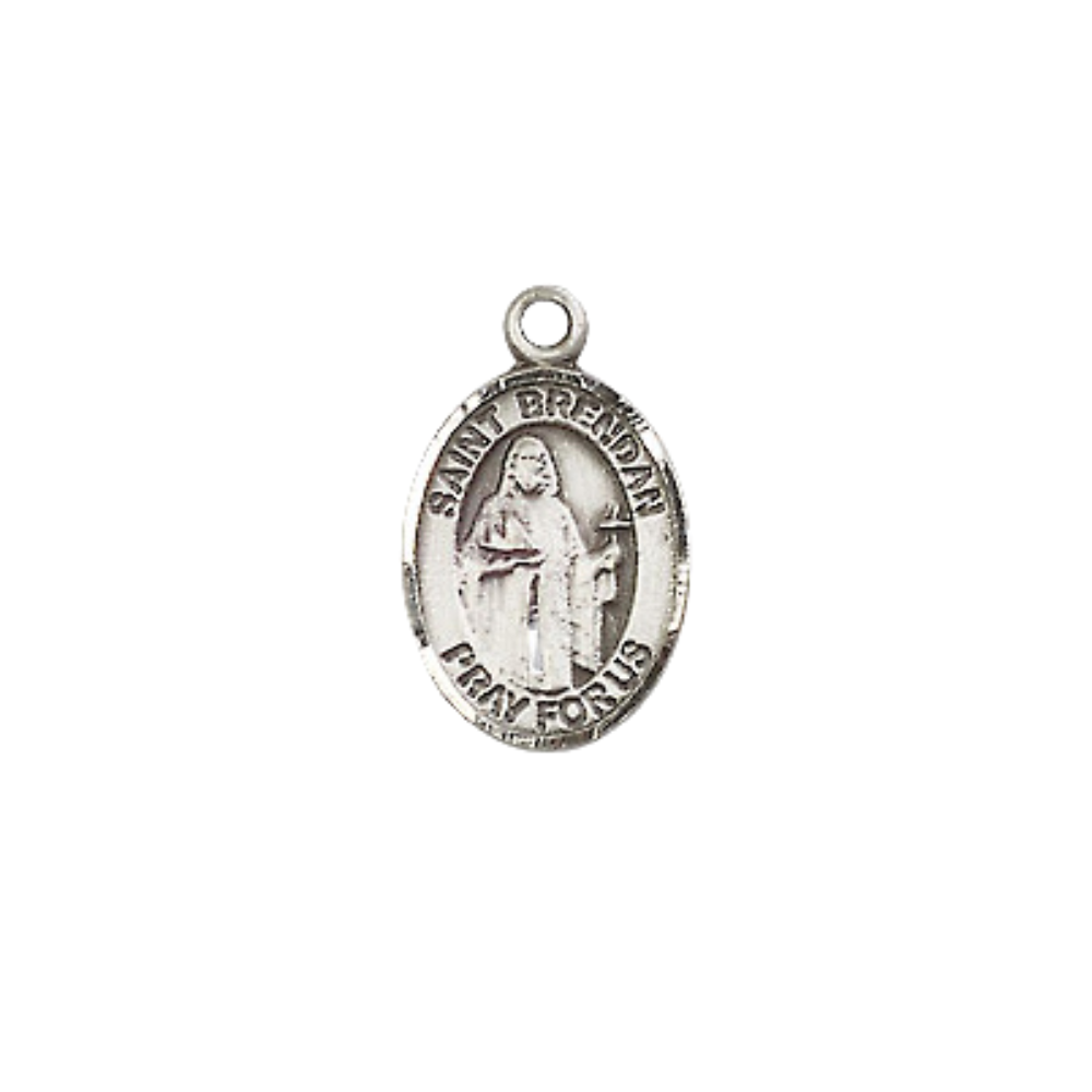 Small Sized Women's Pewter Saint St. Brendan the Navigator Medal Pendant on 18 Inch Rhodium Plated Lite Curb Brass Chain with Lobster Claw Clasp, Catholic Religious Necklace - Made in USA- Velvet Gift Box