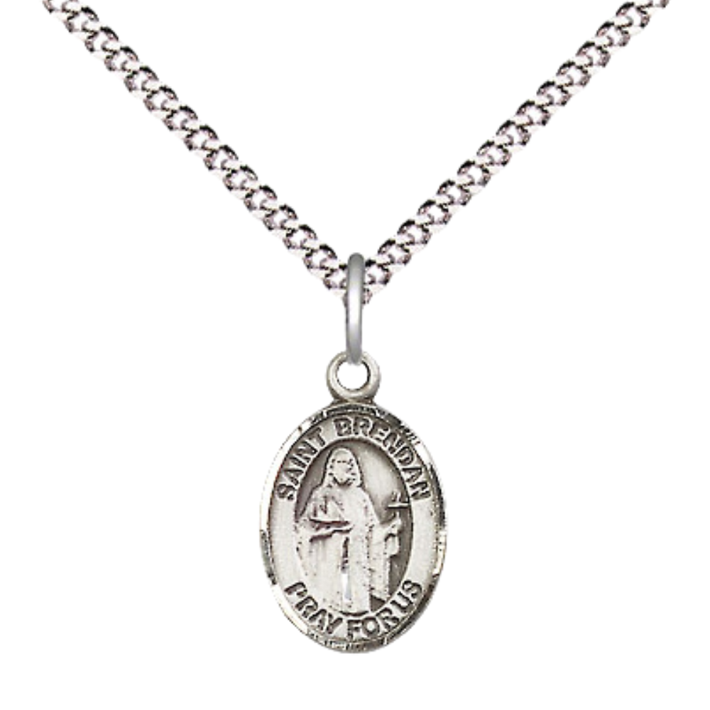 Small Sized Women's .925 Sterling Silver Saint Brendan the Navigator Medal Pendant on 18" Rhodium Plated Lite Curb Brass Chain w/Lobster Claw Clasp, Catholic Religious Necklace - Made in USA- Velvet Gift Box