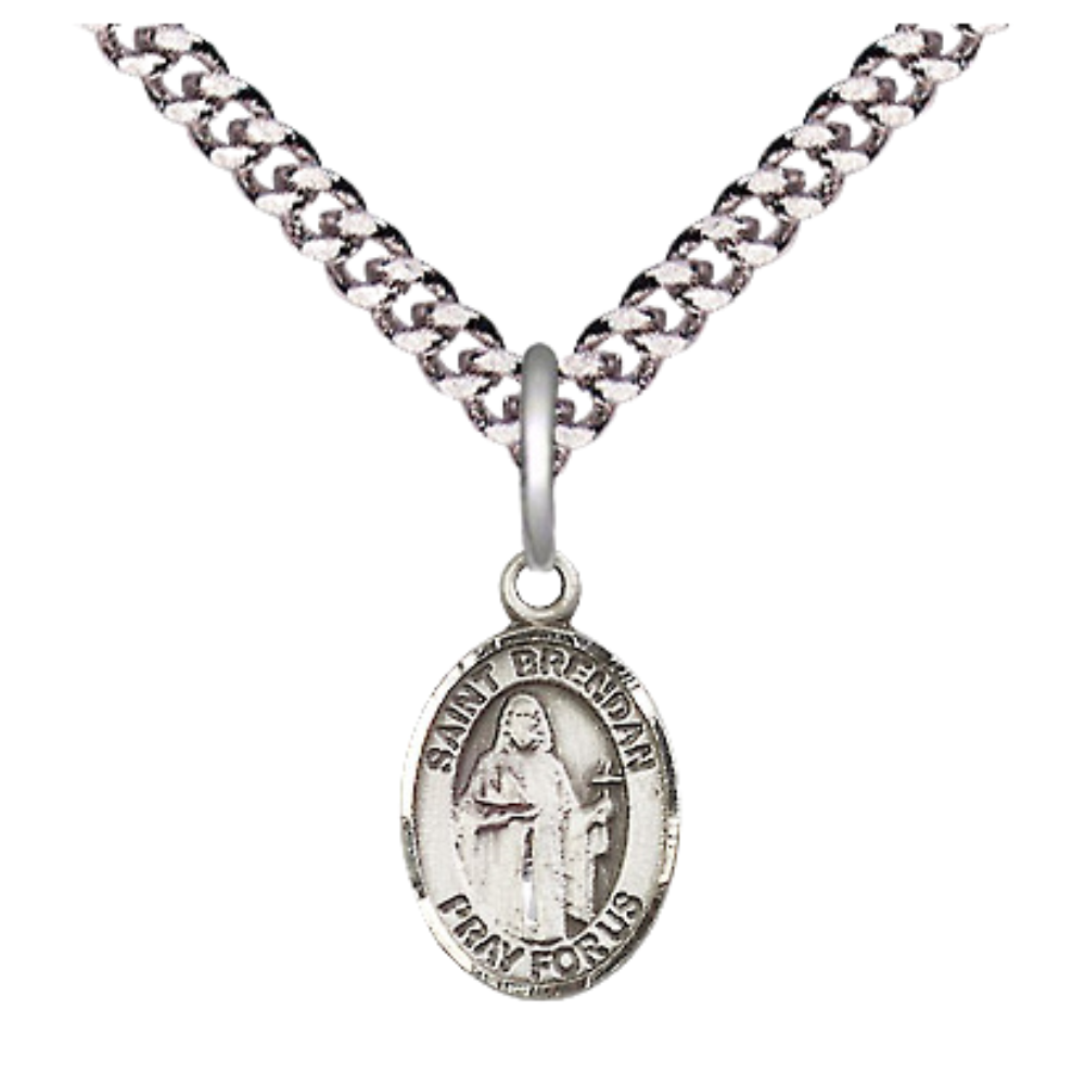 Small Sized Men's Pewter Saint St. Brendan the Navigator Medal Pendant on 24 Inch Endless Rhodium Plated Heavy Curb Brass Chain, Catholic Religious Necklace - Made in USA- Deluxe Velvet Gift Box