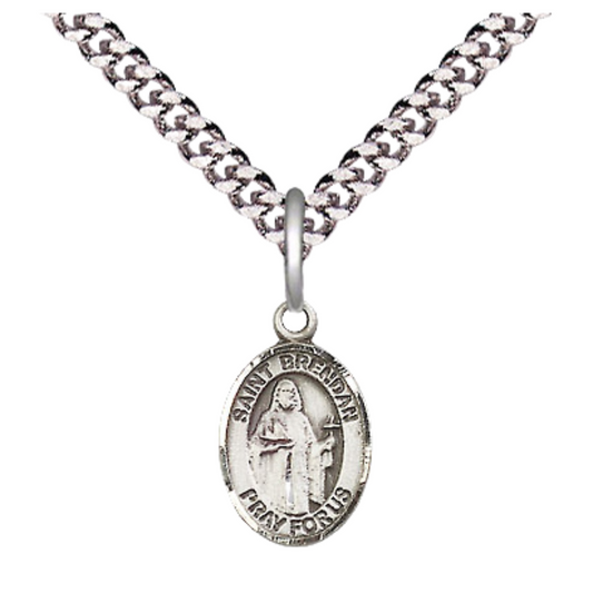 Small Sized Men's Pewter Saint St. Brendan the Navigator Medal Pendant on 24 Inch Endless Rhodium Plated Heavy Curb Brass Chain, Catholic Religious Necklace - Made in USA- Deluxe Velvet Gift Box