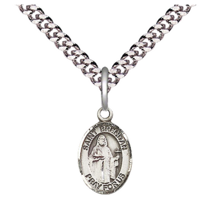 Small Sized Men's Pewter Saint St. Brendan the Navigator Medal Pendant on 24 Inch Endless Rhodium Plated Heavy Curb Brass Chain, Catholic Religious Necklace - Made in USA- Deluxe Velvet Gift Box