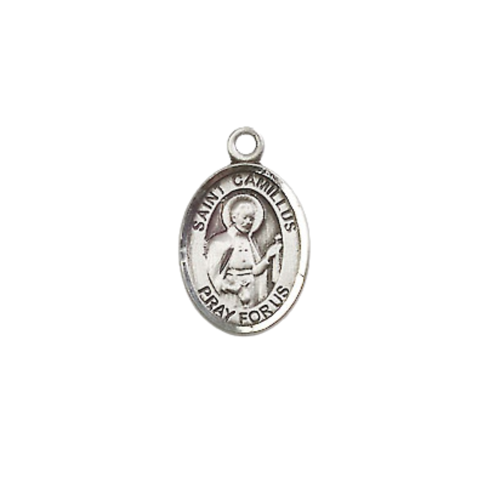 Small Sized Women's Pewter Saint St. Camillus of Lellis Medal Pendant on 18 Inch Rhodium Plated Lite Curb Brass Chain with Lobster Claw Clasp, Catholic Religious Necklace - Made in USA- Velvet Gift Box