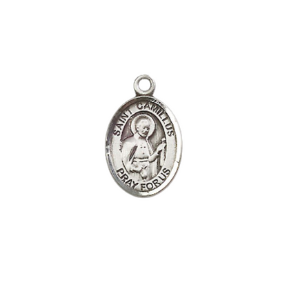 Small Sized Women's Pewter Saint St. Camillus of Lellis Medal Pendant on 18 Inch Rhodium Plated Lite Curb Brass Chain with Lobster Claw Clasp, Catholic Religious Necklace - Made in USA- Velvet Gift Box