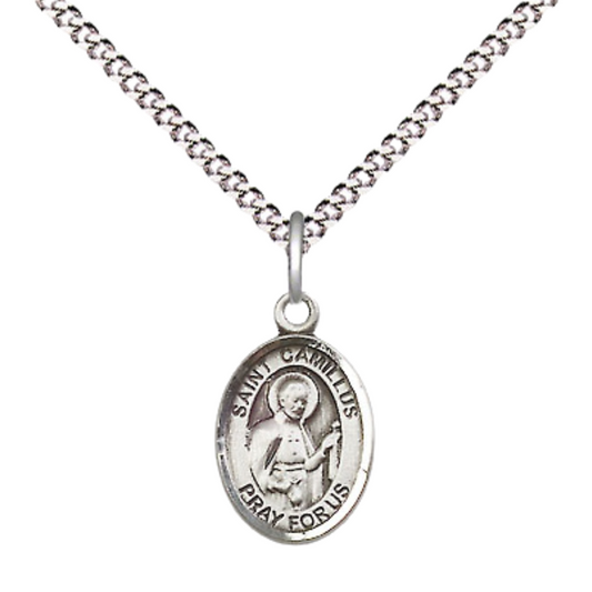 Small Sized Women's Pewter Saint St. Camillus of Lellis Medal Pendant on 18 Inch Rhodium Plated Lite Curb Brass Chain with Lobster Claw Clasp, Catholic Religious Necklace - Made in USA- Velvet Gift Box