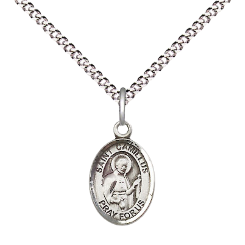 Small Sized Women's Pewter Saint St. Camillus of Lellis Medal Pendant on 18 Inch Rhodium Plated Lite Curb Brass Chain with Lobster Claw Clasp, Catholic Religious Necklace - Made in USA- Velvet Gift Box