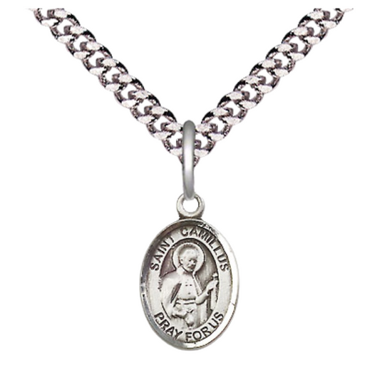 Small Sized Men's Pewter Saint St. Camillus of Lellis Medal Pendant on 24 Inch Endless Rhodium Plated Heavy Curb Brass Chain, Catholic Religious Necklace - Made in USA- Deluxe Velvet Gift Box
