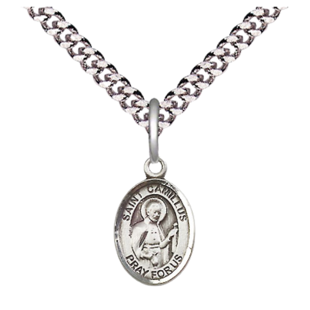 Small Sized Men's .925 Sterling Silver Saint St. Camillus of Lellis Medal Pendant on 24 Inch Endless Rhodium Plated Heavy Curb Brass Chain, Catholic Religious Necklace - Made in USA- Deluxe Velvet Gift Box