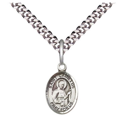 Small Sized Men's .925 Sterling Silver Saint St. Camillus of Lellis Medal Pendant on 24 Inch Endless Rhodium Plated Heavy Curb Brass Chain, Catholic Religious Necklace - Made in USA- Deluxe Velvet Gift Box