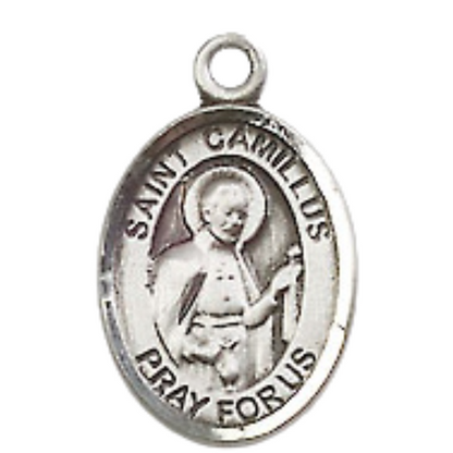 Small Sized Men's Pewter Saint St. Camillus of Lellis Medal Pendant on 24 Inch Endless Rhodium Plated Heavy Curb Brass Chain, Catholic Religious Necklace - Made in USA- Deluxe Velvet Gift Box