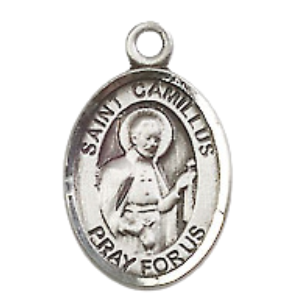 Small Sized Men's .925 Sterling Silver Saint St. Camillus of Lellis Medal Pendant on 24 Inch Endless Rhodium Plated Heavy Curb Brass Chain, Catholic Religious Necklace - Made in USA- Deluxe Velvet Gift Box