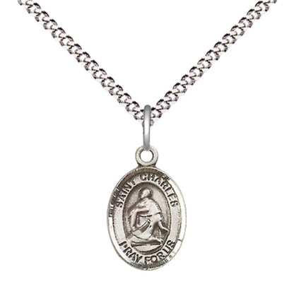 Small Sized Women's Pewter Saint Charles Borromeo Medal Pendant on 18 Inch Rhodium Plated Lite Curb Brass Chain with Lobster Claw Clasp, Catholic Religious Necklace - Made in USA- Velvet Gift Box