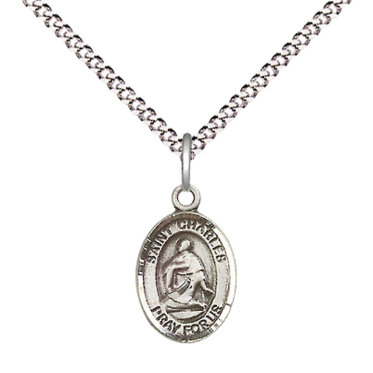 Small Sized Women's Pewter Saint Charles Borromeo Medal Pendant on 18 Inch Rhodium Plated Lite Curb Brass Chain with Lobster Claw Clasp, Catholic Religious Necklace - Made in USA- Velvet Gift Box
