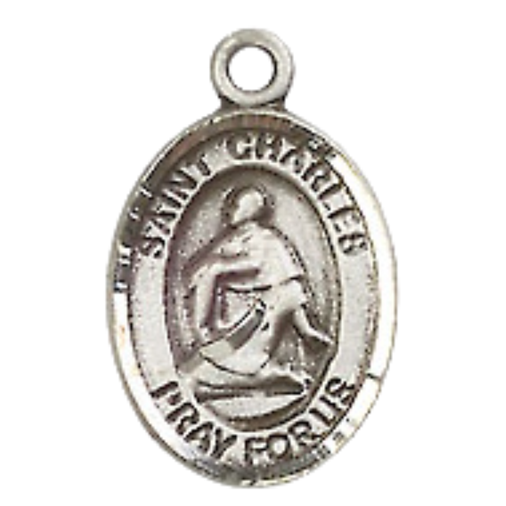 Small Sized Men's .925 Sterling Silver Saint St. Charles Borromeo Medal Pendant on 24 Inch Endless Rhodium Plated Heavy Curb Brass Chain, Catholic Religious Necklace - Made in USA- Deluxe Velvet Gift Box