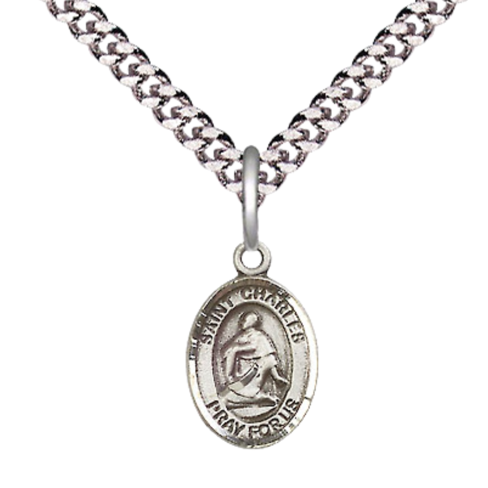 Small Sized Men's .925 Sterling Silver Saint St. Charles Borromeo Medal Pendant on 24 Inch Endless Rhodium Plated Heavy Curb Brass Chain, Catholic Religious Necklace - Made in USA- Deluxe Velvet Gift Box