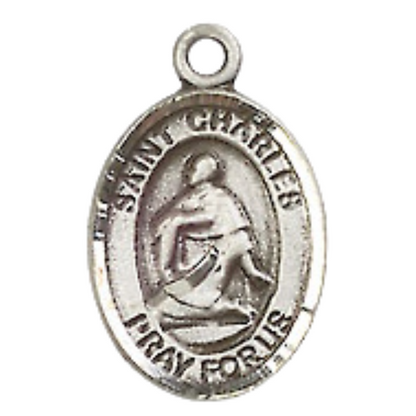 Small Sized Men's Pewter Saint St. Charles Borromeo Medal Pendant on 24 Inch Endless Rhodium Plated Heavy Curb Brass Chain, Catholic Religious Necklace - Made in USA- Deluxe Velvet Gift Box