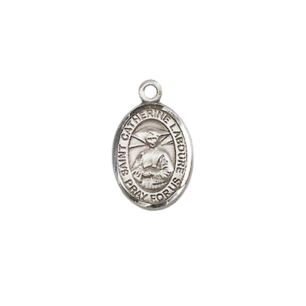 Small Sized Women's Pewter Saint St. Catherine Laboure Medal Pendant on 18 Inch Rhodium Plated Lite Curb Brass Chain with Lobster Claw Clasp, Catholic Religious Necklace - Made in USA- Velvet Gift Box