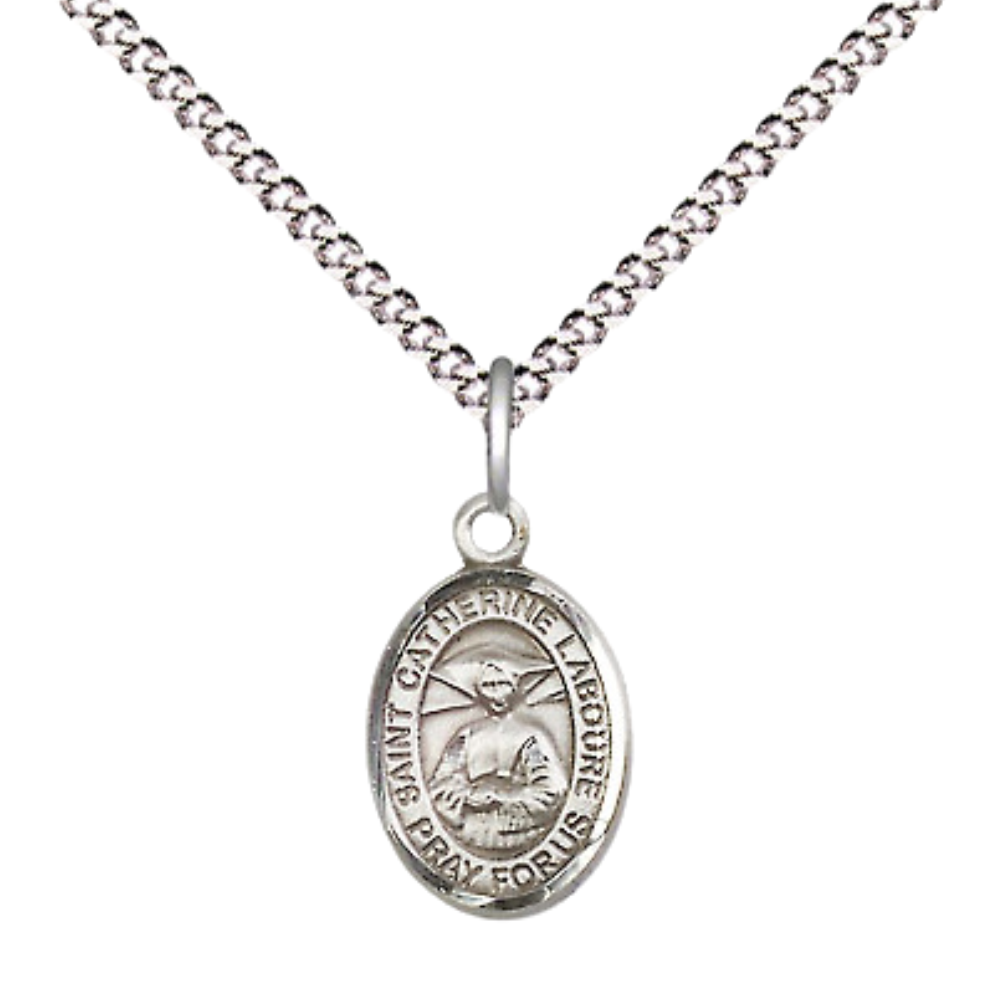 Small Sized Women's .925 Sterling Silver Saint Catherine Laboure Medal Pendant on 18 Inch Rhodium Plated Lite Curb Brass Chain with Lobster Claw Clasp, Catholic Religious Necklace - Made in USA- Velvet Gift Box