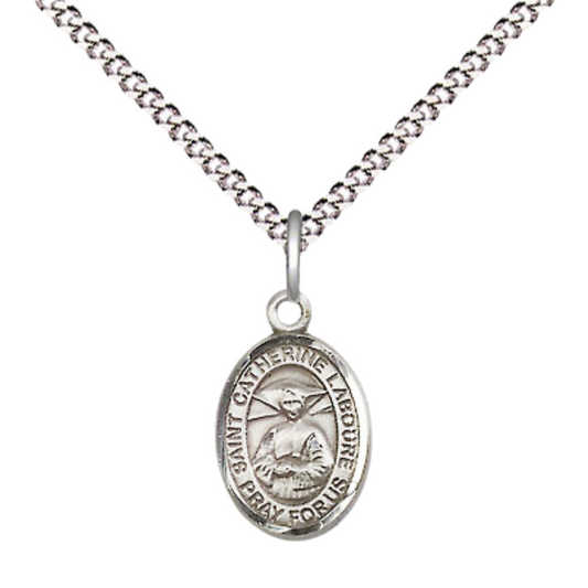 Small Sized Women's .925 Sterling Silver Saint Catherine Laboure Medal Pendant on 18 Inch Rhodium Plated Lite Curb Brass Chain with Lobster Claw Clasp, Catholic Religious Necklace - Made in USA- Velvet Gift Box