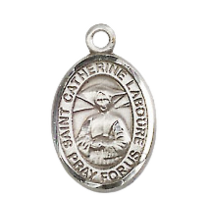 Small Sized Men's Pewter Saint St. Catherine Laboure Medal Pendant on 24 Inch Endless Rhodium Plated Heavy Curb Brass Chain, Catholic Religious Necklace - Made in USA- Deluxe Velvet Gift Box