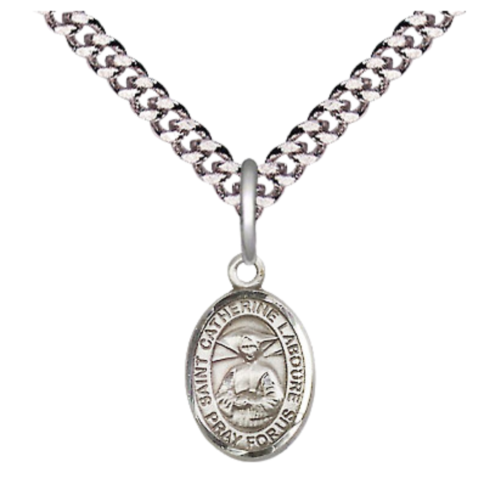 Small Sized Men's .925 Sterling Silver Saint St. Catherine Laboure Medal Pendant on 24 Inch Endless Rhodium Plated Heavy Curb Brass Chain, Catholic Religious Necklace - Made in USA- Deluxe Velvet Gift Box