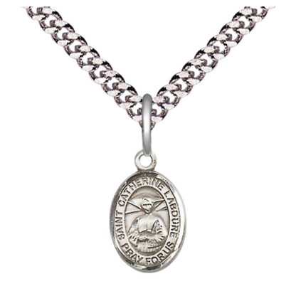 Small Sized Men's .925 Sterling Silver Saint St. Catherine Laboure Medal Pendant on 24 Inch Endless Rhodium Plated Heavy Curb Brass Chain, Catholic Religious Necklace - Made in USA- Deluxe Velvet Gift Box