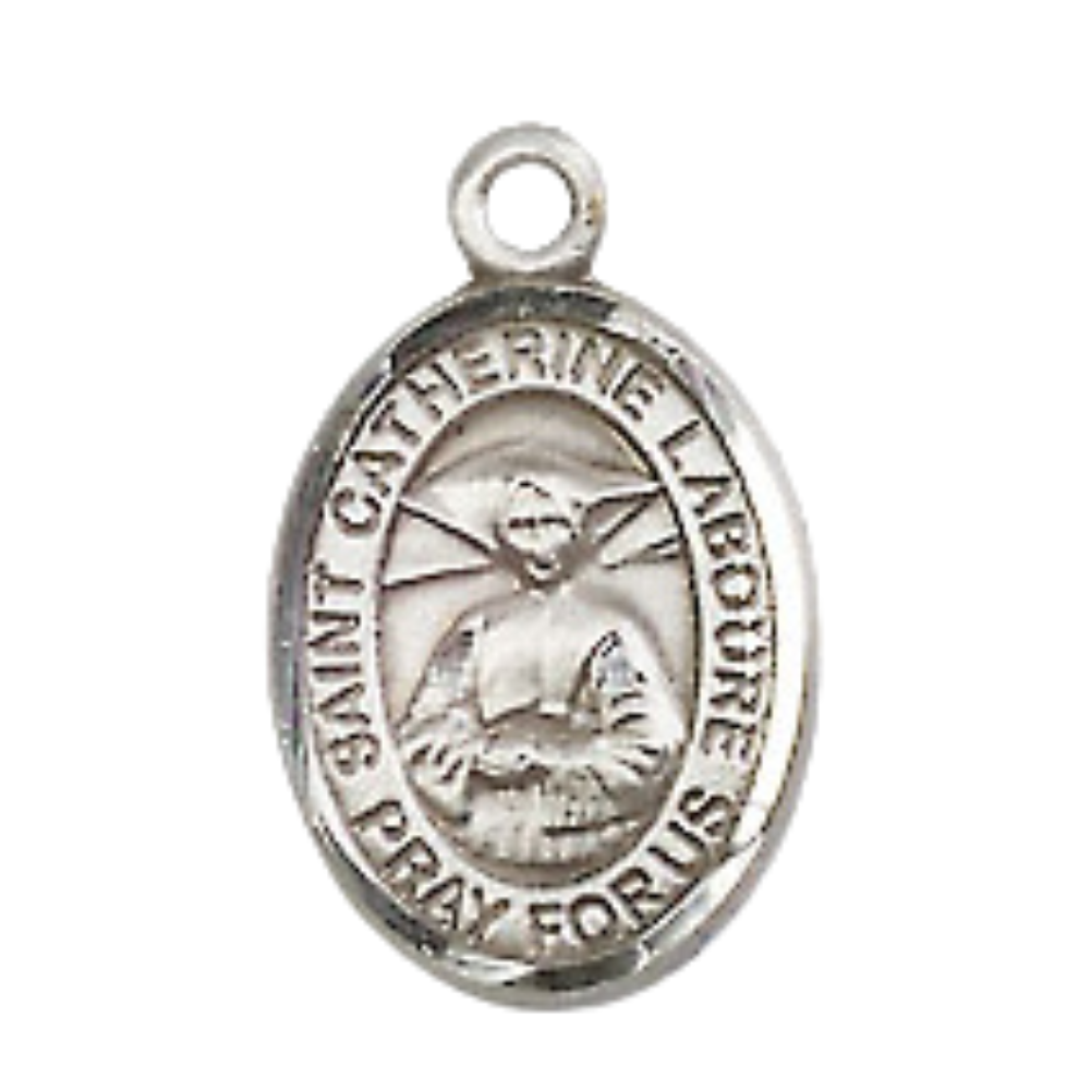 Small Sized Men's .925 Sterling Silver Saint St. Catherine Laboure Medal Pendant on 24 Inch Endless Rhodium Plated Heavy Curb Brass Chain, Catholic Religious Necklace - Made in USA- Deluxe Velvet Gift Box