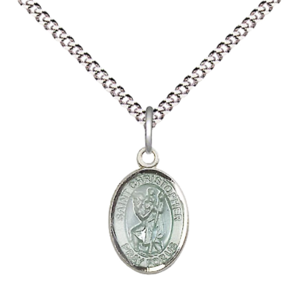 Small Sized Women's .925 Sterling Silver Saint Christopher Medal Pendant on 18 Inch Rhodium Plated Lite Curb Brass Chain w/ Lobster Claw Clasp, Catholic Religious Necklace - Made in USA- Velvet Gift Box