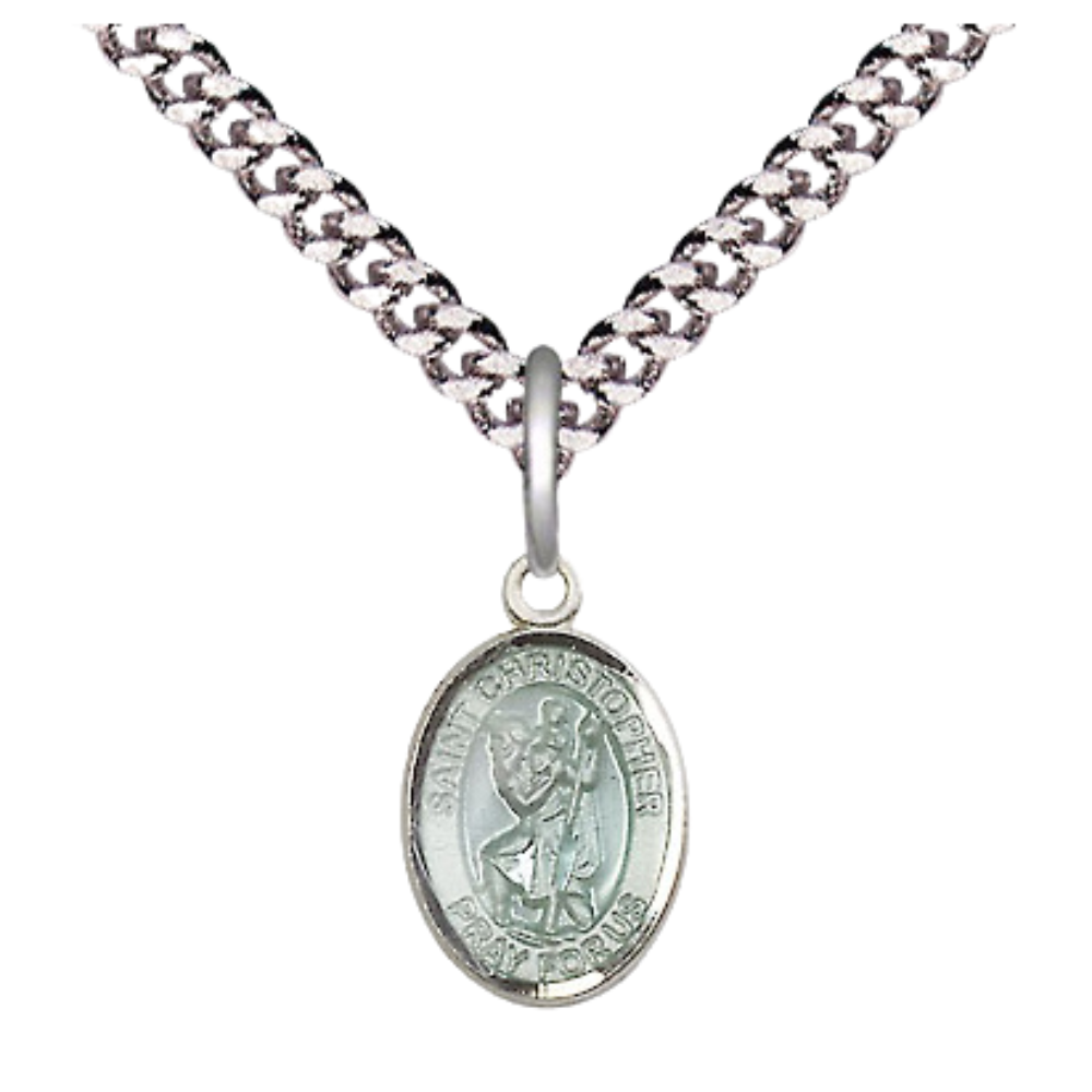 Small Sized Men's .925 Sterling Silver Saint St. Christopher Medal Pendant on 24 Inch Endless Rhodium Plated Heavy Curb Brass Chain, Catholic Religious Necklace - Made in USA- Deluxe Velvet Gift Box