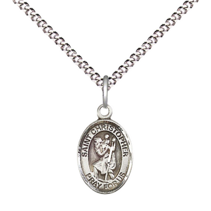Small Sized Women's Pewter Saint St. Christopher Medal Pendant on 18 Inch Rhodium Plated Lite Curb Brass Chain with Lobster Claw Clasp, Catholic Religious Necklace - Made in USA- Velvet Gift Box