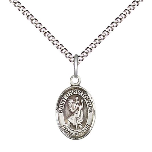 Small Sized Women's .925 Sterling Silver Saint St. Christopher Medal Pendant on 18 Inch Rhodium Plated Lite Curb Brass Chain with Lobster Claw Clasp, Catholic Religious Necklace - Made in USA- Velvet Gift Box
