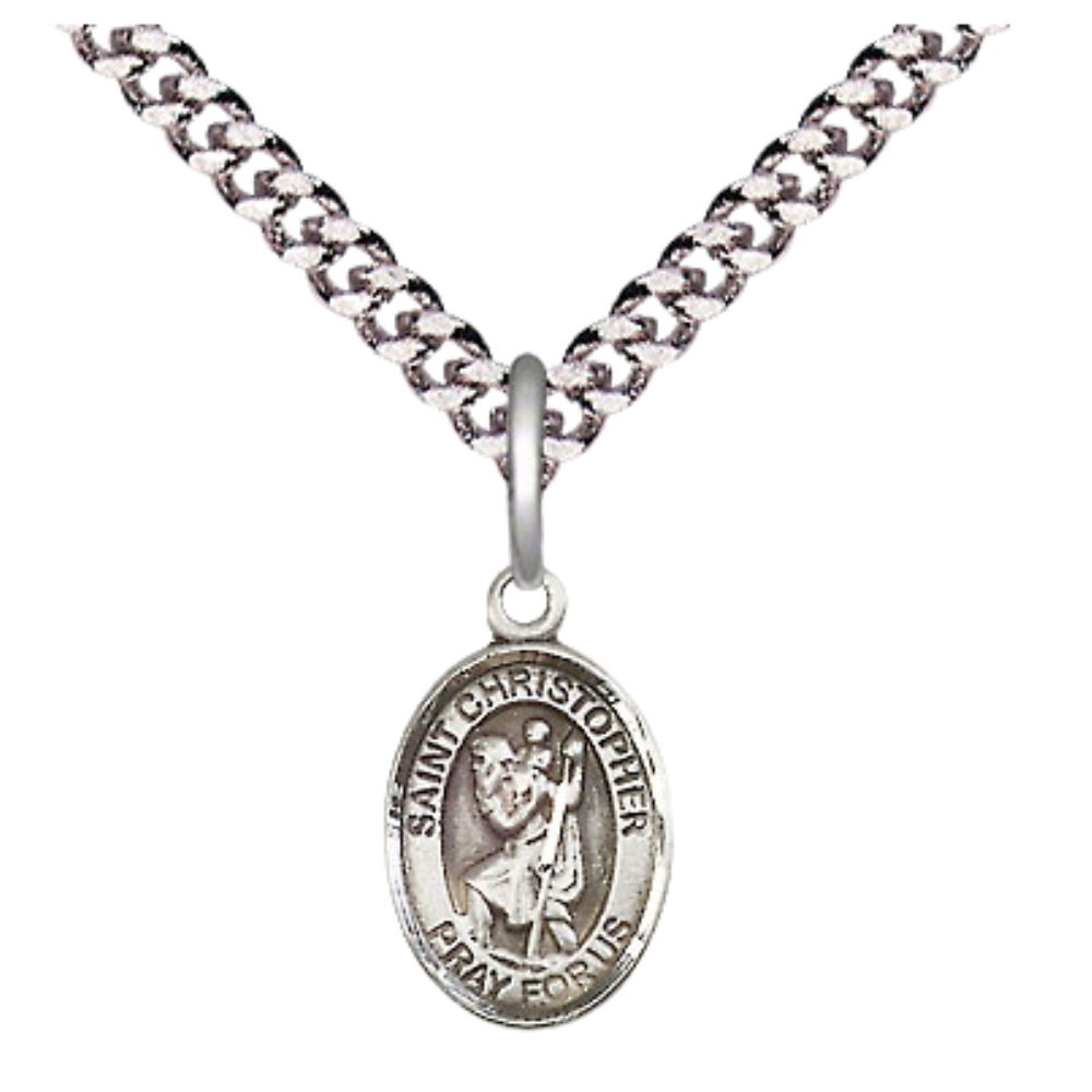 Small Sized Men's .925 Sterling Silver Saint St. Christopher Medal Pendant on 24 Inch Endless Rhodium Plated Heavy Curb Brass Chain, Catholic Religious Necklace - Made in USA- Deluxe Velvet Gift Box