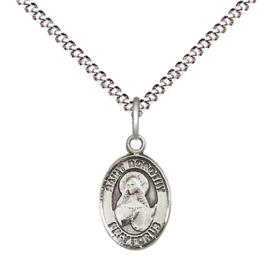 Small Sized Women's Pewter Saint Dorothy Medal Pendant on 18 Inch Rhodium Plated Lite Curb Brass Chain with Lobster Claw Clasp, Catholic Religious Necklace - Made in USA- Velvet Gift Box