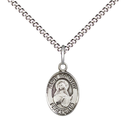 Small Sized Women's .925 Sterling Silver Saint St. Dorothy Medal Pendant on 18 Inch Rhodium Plated Lite Curb Brass Chain with Lobster Claw Clasp, Catholic Religious Necklace - Made in USA- Velvet Gift Box