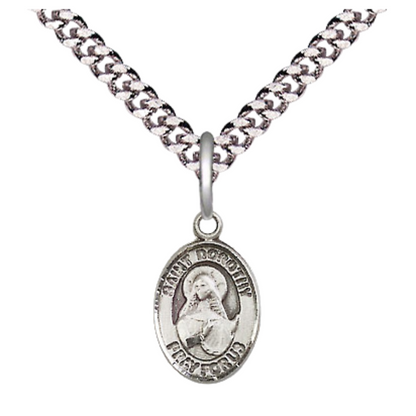 Small Sized Men's Pewter Saint St. Dorothy Medal Pendant on 24 Inch Endless Rhodium Plated Heavy Curb Brass Chain, Catholic Religious Necklace - Made in USA- Deluxe Velvet Gift Box