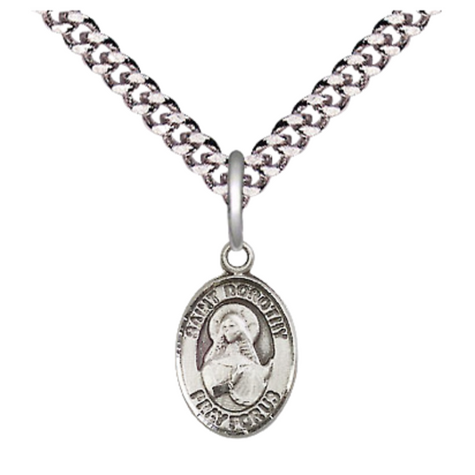 Small Sized Men's Pewter Saint St. Dorothy Medal Pendant on 24 Inch Endless Rhodium Plated Heavy Curb Brass Chain, Catholic Religious Necklace - Made in USA- Deluxe Velvet Gift Box