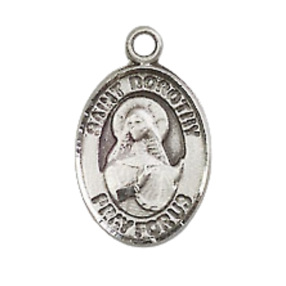 Small Sized Men's Pewter Saint St. Dorothy Medal Pendant on 24 Inch Endless Rhodium Plated Heavy Curb Brass Chain, Catholic Religious Necklace - Made in USA- Deluxe Velvet Gift Box