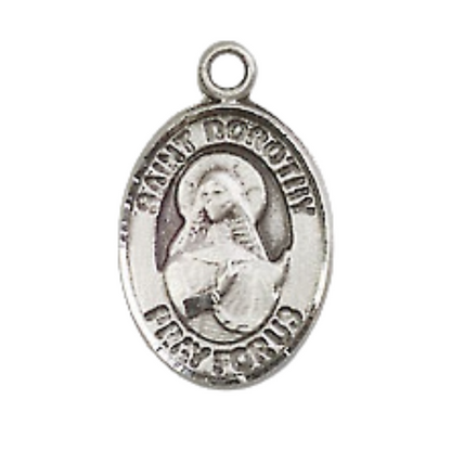 Small Sized Men's Pewter Saint St. Dorothy Medal Pendant on 24 Inch Endless Rhodium Plated Heavy Curb Brass Chain, Catholic Religious Necklace - Made in USA- Deluxe Velvet Gift Box