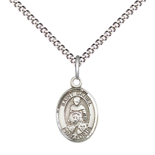Small Sized Women's Pewter Saint Daniel Medal Pendant on 18 Inch Rhodium Plated Lite Curb Brass Chain with Lobster Claw Clasp, Catholic Religious Necklace - Made in USA- Velvet Gift Box