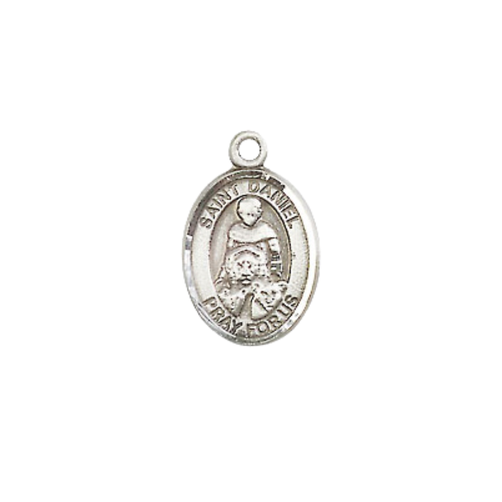 Small Sized Women's Pewter Saint Daniel Medal Pendant on 18 Inch Rhodium Plated Lite Curb Brass Chain with Lobster Claw Clasp, Catholic Religious Necklace - Made in USA- Velvet Gift Box