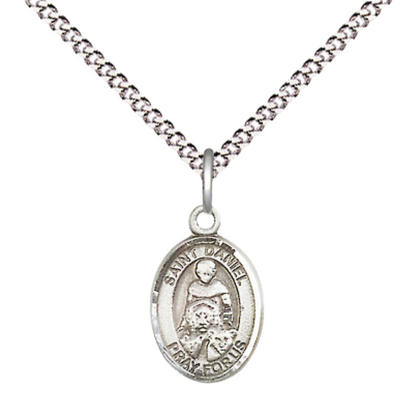 Small Sized Women's Pewter Saint Daniel Medal Pendant on 18 Inch Rhodium Plated Lite Curb Brass Chain with Lobster Claw Clasp, Catholic Religious Necklace - Made in USA- Velvet Gift Box