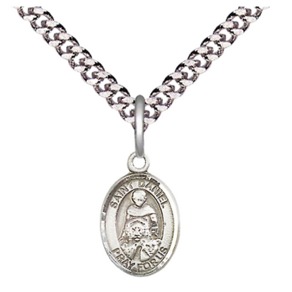 Small Sized Men's Pewter Saint St. Daniel Medal Pendant on 24 Inch Endless Rhodium Plated Heavy Curb Brass Chain, Catholic Religious Necklace - Made in USA- Deluxe Velvet Gift Box