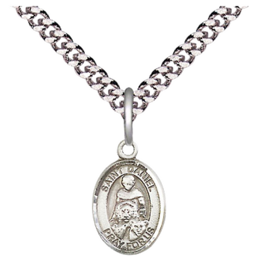 Small Sized Men's Pewter Saint St. Daniel Medal Pendant on 24 Inch Endless Rhodium Plated Heavy Curb Brass Chain, Catholic Religious Necklace - Made in USA- Deluxe Velvet Gift Box
