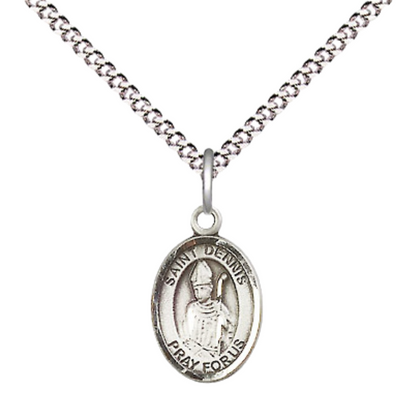 Small Sized Women's Pewter Saint St. Dennis Medal Pendant on 18 Inch Rhodium Plated Lite Curb Brass Chain with Lobster Claw Clasp, Catholic Religious Necklace - Made in USA- Velvet Gift Box
