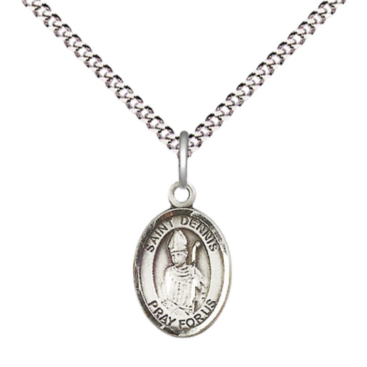 Small Sized Women's Pewter Saint St. Dennis Medal Pendant on 18 Inch Rhodium Plated Lite Curb Brass Chain with Lobster Claw Clasp, Catholic Religious Necklace - Made in USA- Velvet Gift Box