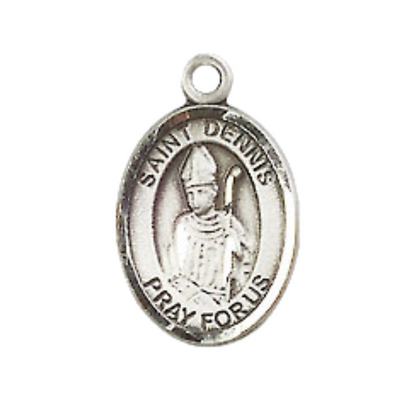 Small Sized Men's Pewter Saint St. Dennis Medal Pendant on 24 Inch Endless Rhodium Plated Heavy Curb Brass Chain, Catholic Religious Necklace - Made in USA- Deluxe Velvet Gift Box