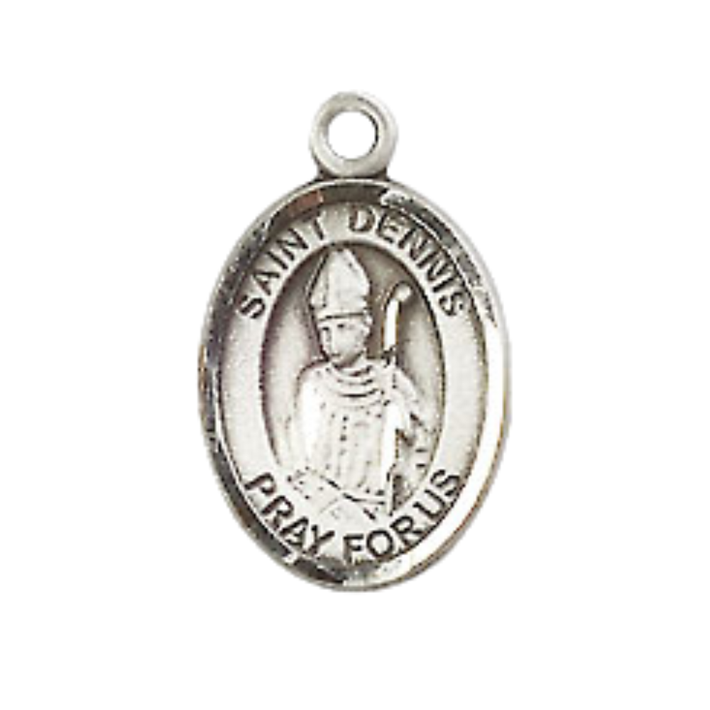 Small Sized Men's .925 Sterling Silver Saint St. Dennis Medal Pendant on 24 Inch Endless Rhodium Plated Heavy Curb Brass Chain, Catholic Religious Necklace - Made in USA- Deluxe Velvet Gift Box