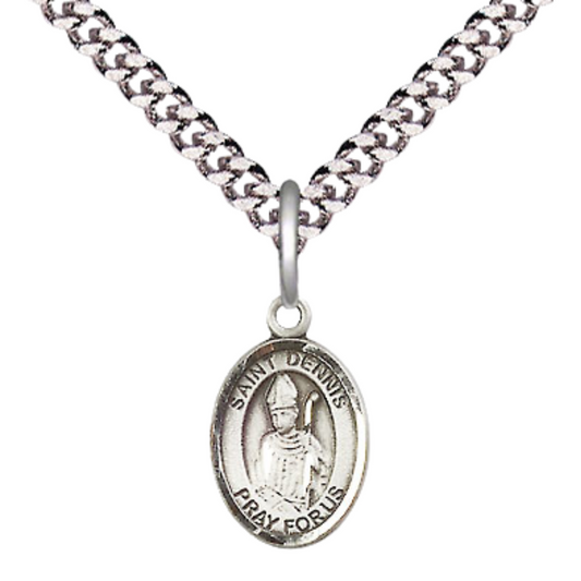 Small Sized Men's Pewter Saint St. Dennis Medal Pendant on 24 Inch Endless Rhodium Plated Heavy Curb Brass Chain, Catholic Religious Necklace - Made in USA- Deluxe Velvet Gift Box