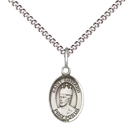 Small Sized Women's Pewter Saint Edward the Confessor Medal Pendant on 18 Inch Rhodium Plated Lite Curb Brass Chain with Lobster Claw Clasp, Catholic Religious Necklace - Made in USA- Velvet Gift Box